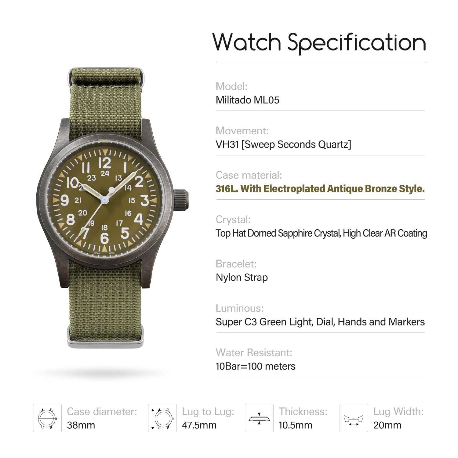 💥Spring Sale💥Militado 38mm PVD Bronze Watch Military Watch ML05