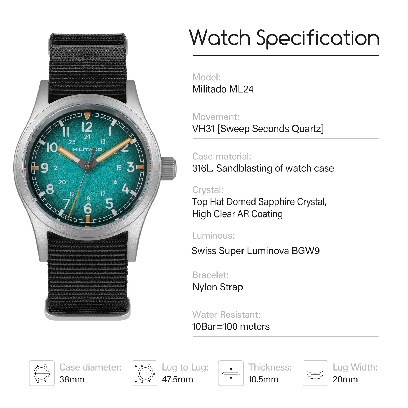 💥New Released💥Militado 38mm Military Watch VH31 Sweeping Hand Movt Watch ML24