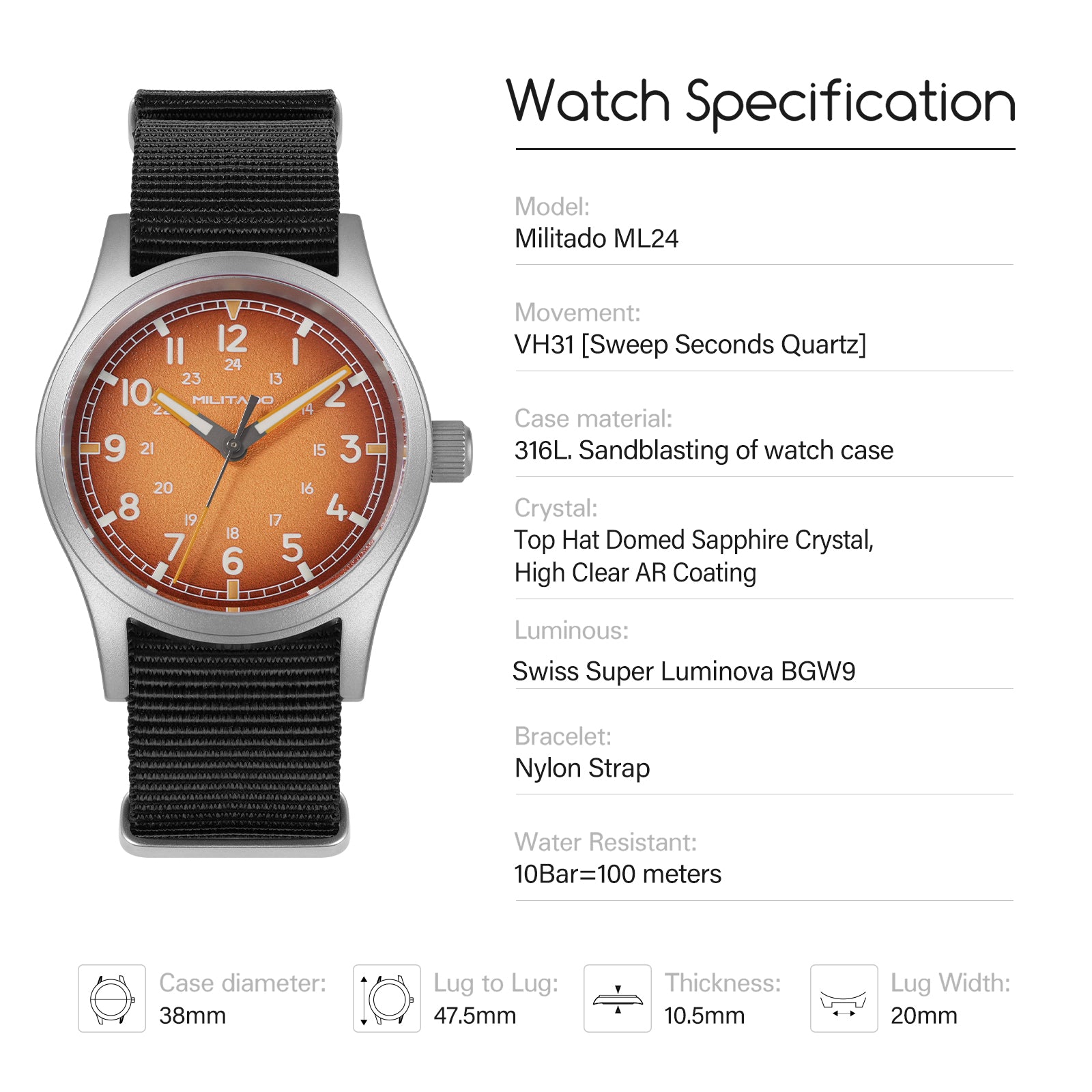 💥New Released💥Militado 38mm Military Watch VH31 Sweeping Hand Movt Watch ML24