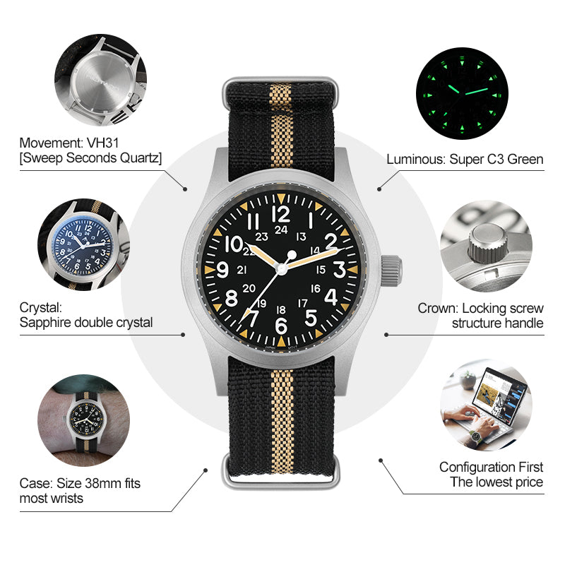 💥Spring Sale💥Militado 38mm Sapphire Crystal Field Military Watch ML05