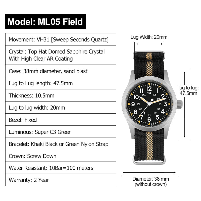 💥Spring Sale💥Militado 38mm Sapphire Crystal Field Military Watch ML05