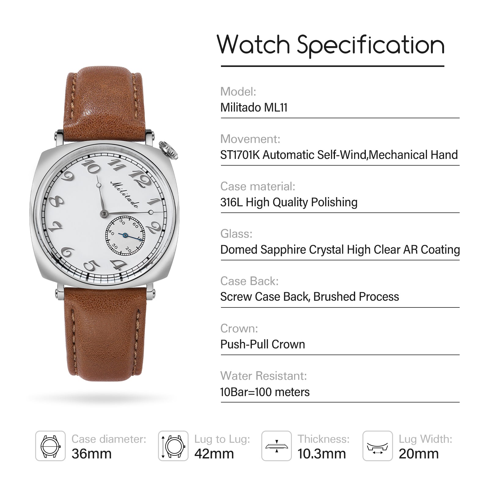 Militado 36mm 1921 Tribute Automatic Watch ML11 ST1701