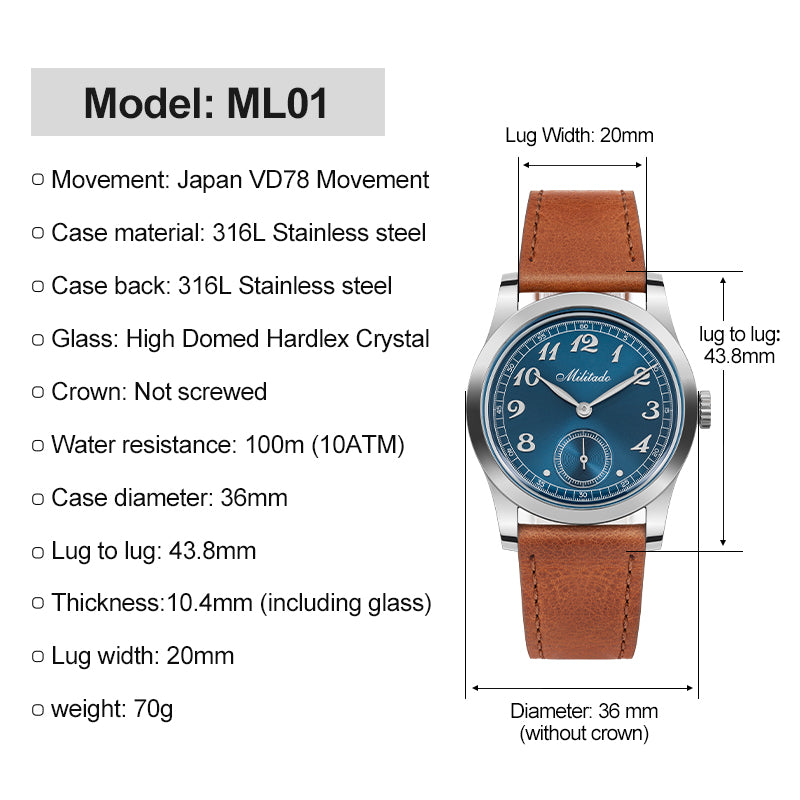 ★11.11 SALE★Militado 36mm Sapphire Crystal VD78 Quartz Watch ML01