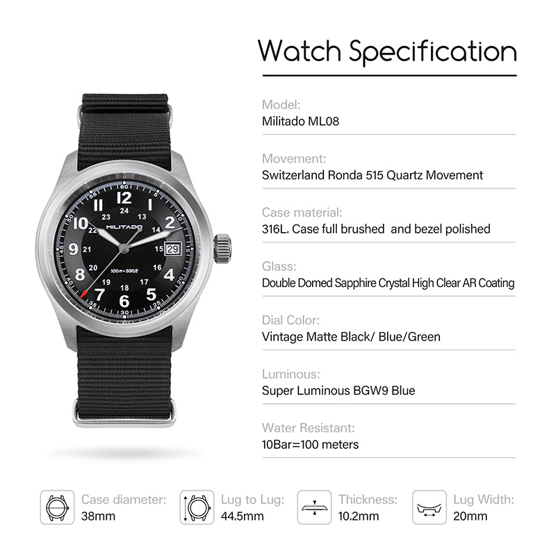 Militado 36 mm Reloj de campo de cuarzo D12 - Agujas tipo lápiz