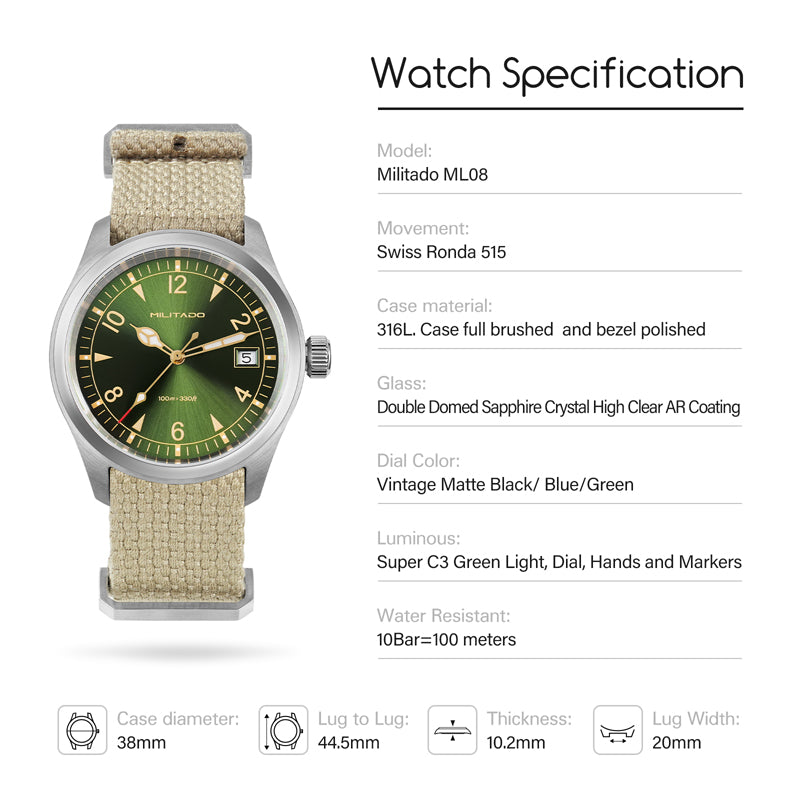 Militado 36 mm Reloj de campo de cuarzo D12 - Agujas tipo lápiz