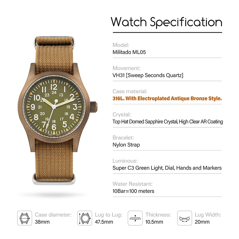 ★SuperOfertas ★Militado 38mm Reloj militar de campo con cristal de zafiro ML05