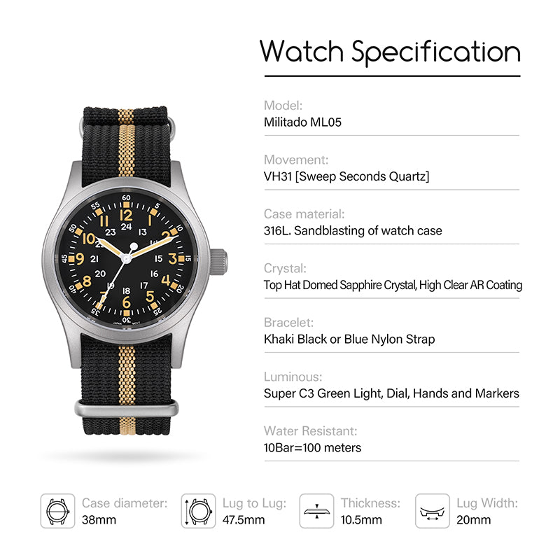 š„Spring Saleš„Militado VH31 Vintage Field Watch ML05 24hours Black Dial