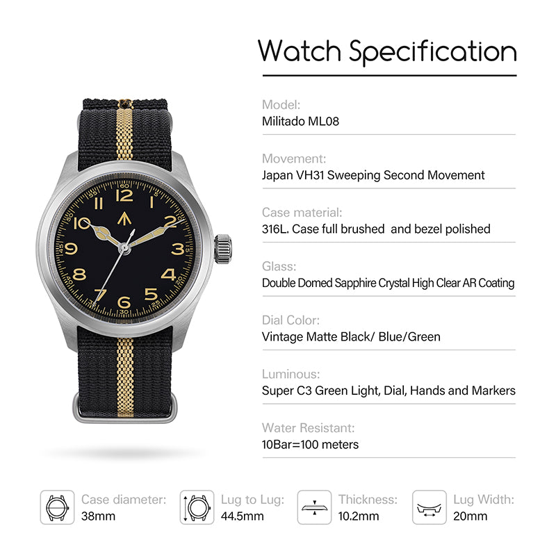 💥Spring Sale💥Militado 38mm Retro VH31 Military Watch ML08