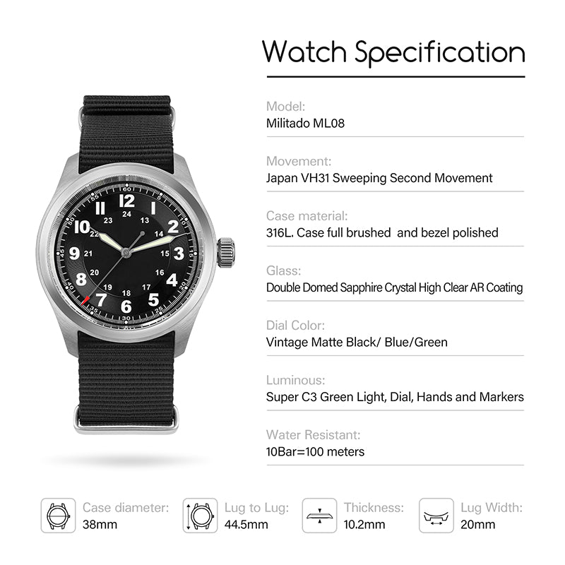 Militado 36 mm Reloj de campo de cuarzo D12 - Agujas tipo lápiz
