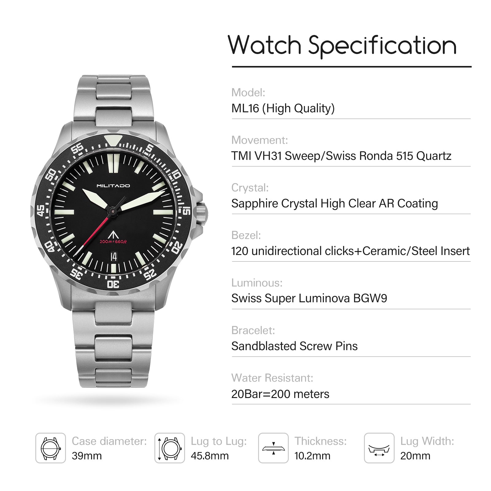 ★11.11 SALE★Militado 39mm Dive Watch Sapphire Crystal Military Watch ML16