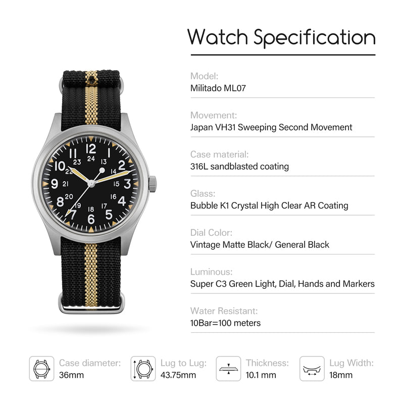 ★11.11 SALE★Militado 36mm High Domed VH31 Field Watch ML07