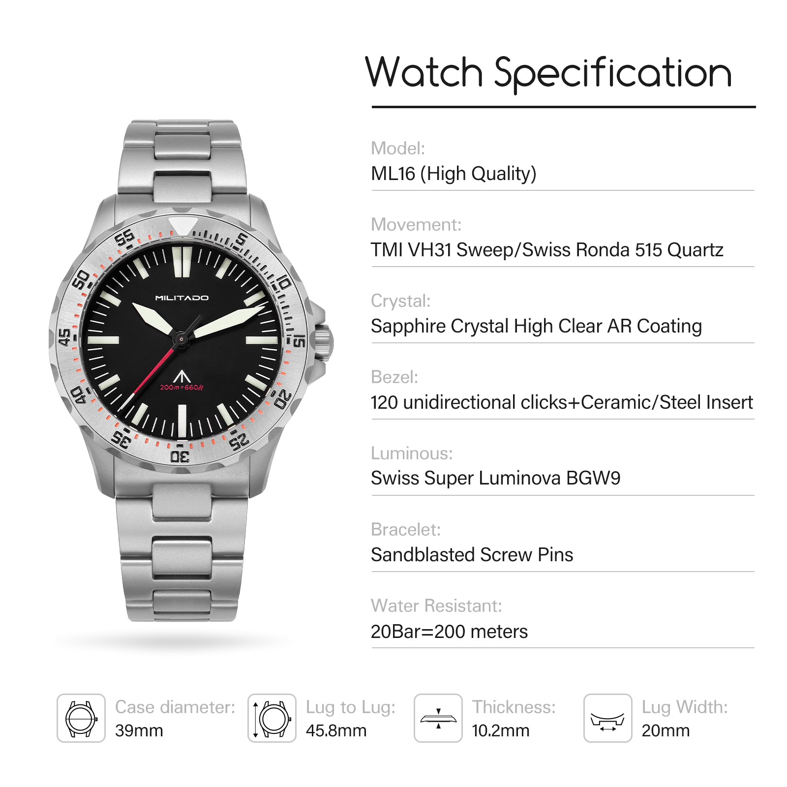 ★11.11 SALE★Militado 39mm Dive Watch Sapphire Crystal Military Watch ML16