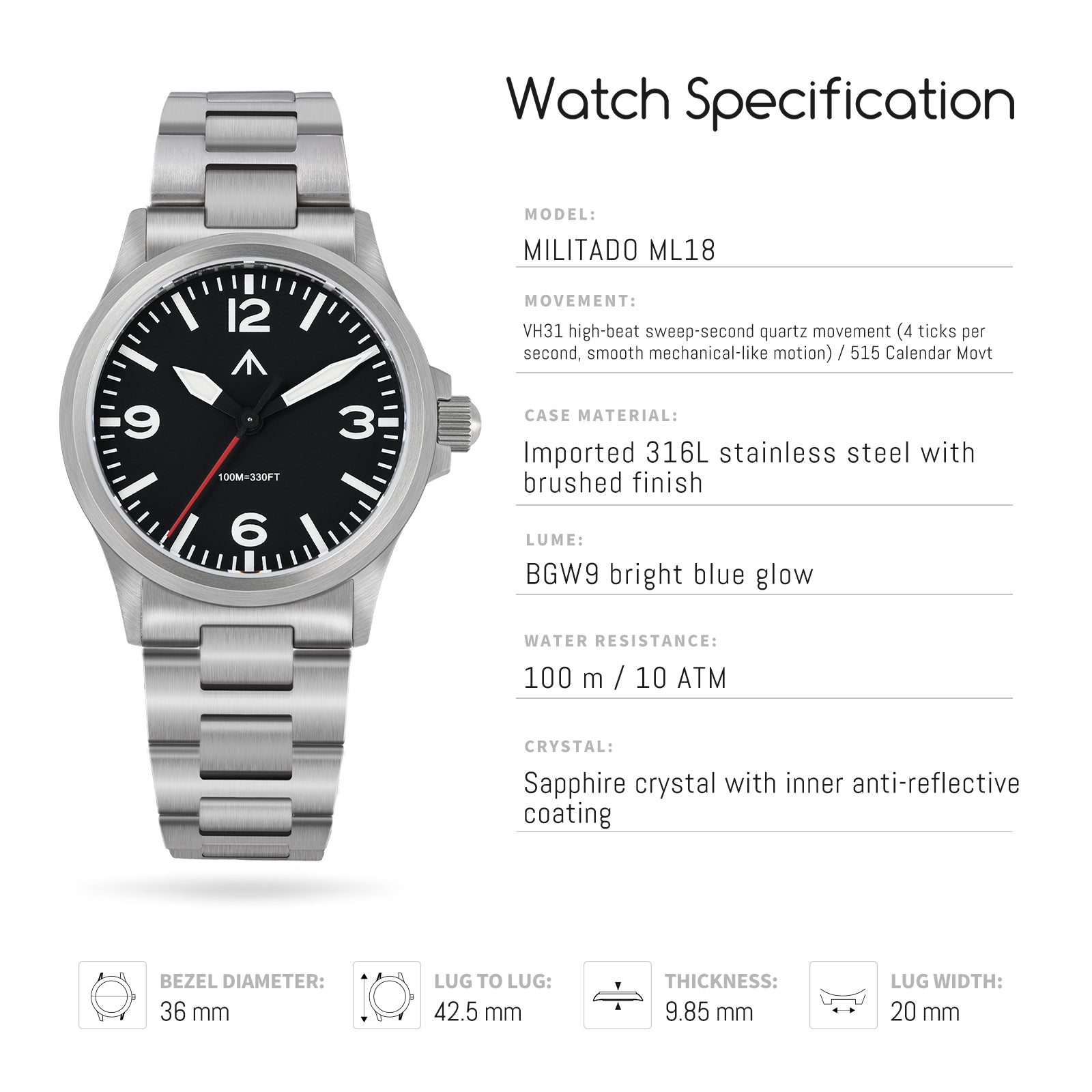 ★SuperOfertas ★Militado 38mm Reloj militar de campo con cristal de zafiro ML05
