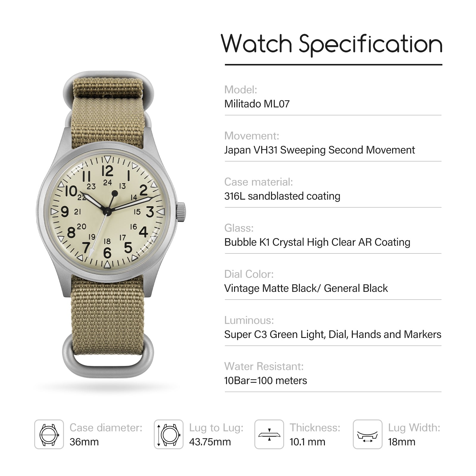 💥Spring Sale💥Militado 36mm High Domed VH31 Field Watch ML07