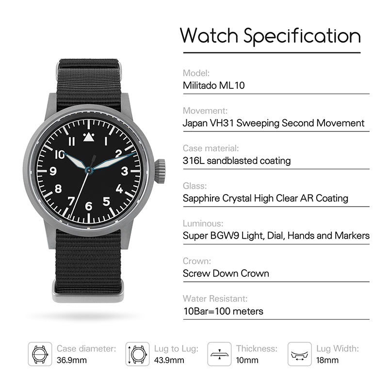 ★Pre-Order★ Militado 37mm Sapphire Crystal Retro Flieger Pilot Watch ML10 V2