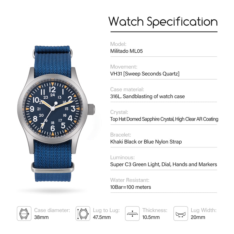 š„Spring Saleš„Militado VH31 Vintage Field Watch ML05 24hours Black Dial
