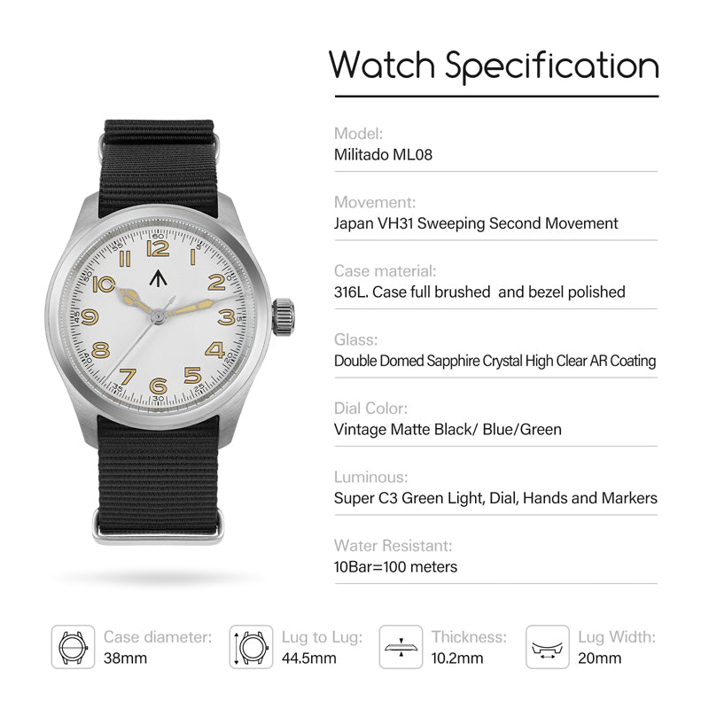 💥Spring Sale💥Militado 38mm Retro VH31 Military Watch ML08