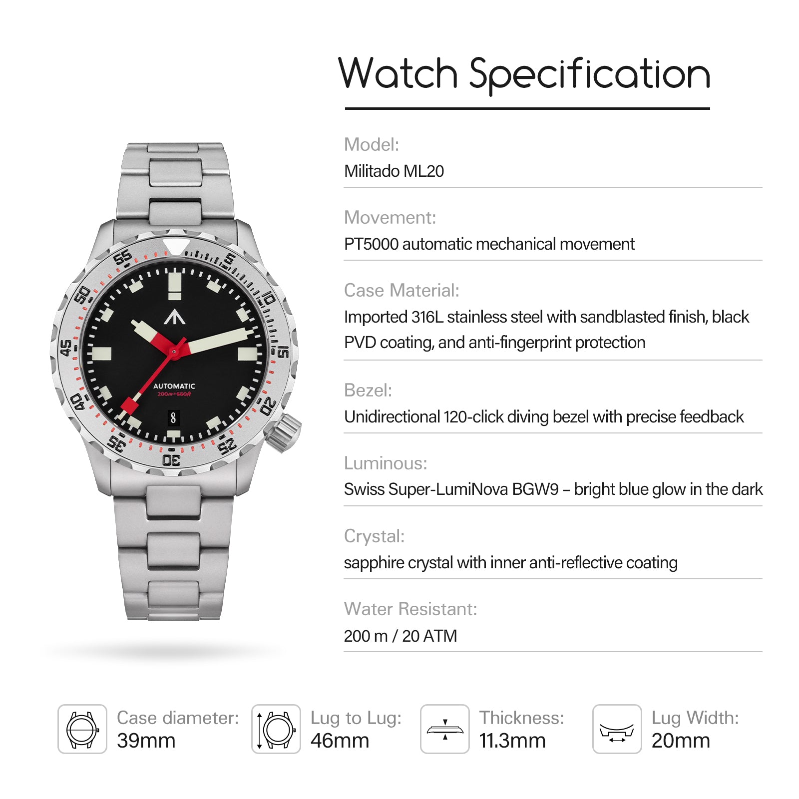 ★New Released★Militado 39mm Dive Watch PT5000 Automatic Mech Watch ML20