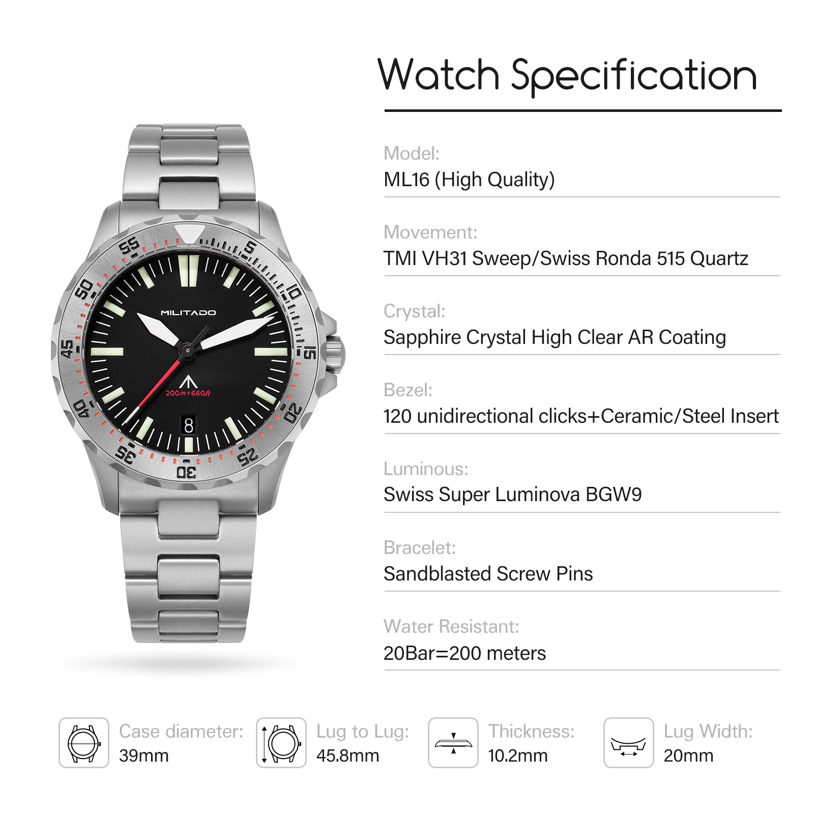 ★11.11 SALE★Pre-Order Militado 39mm Dive Watch Sapphire Crystal Military Watch ML16