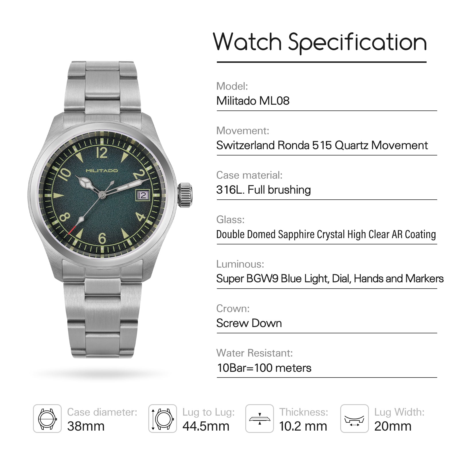 Militado 36 mm Reloj de campo de cuarzo D12 - Agujas tipo lápiz