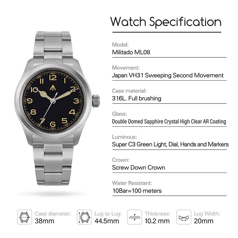 💥Spring Sale💥Militado 38mm VH31 Retro Field Watch ML08