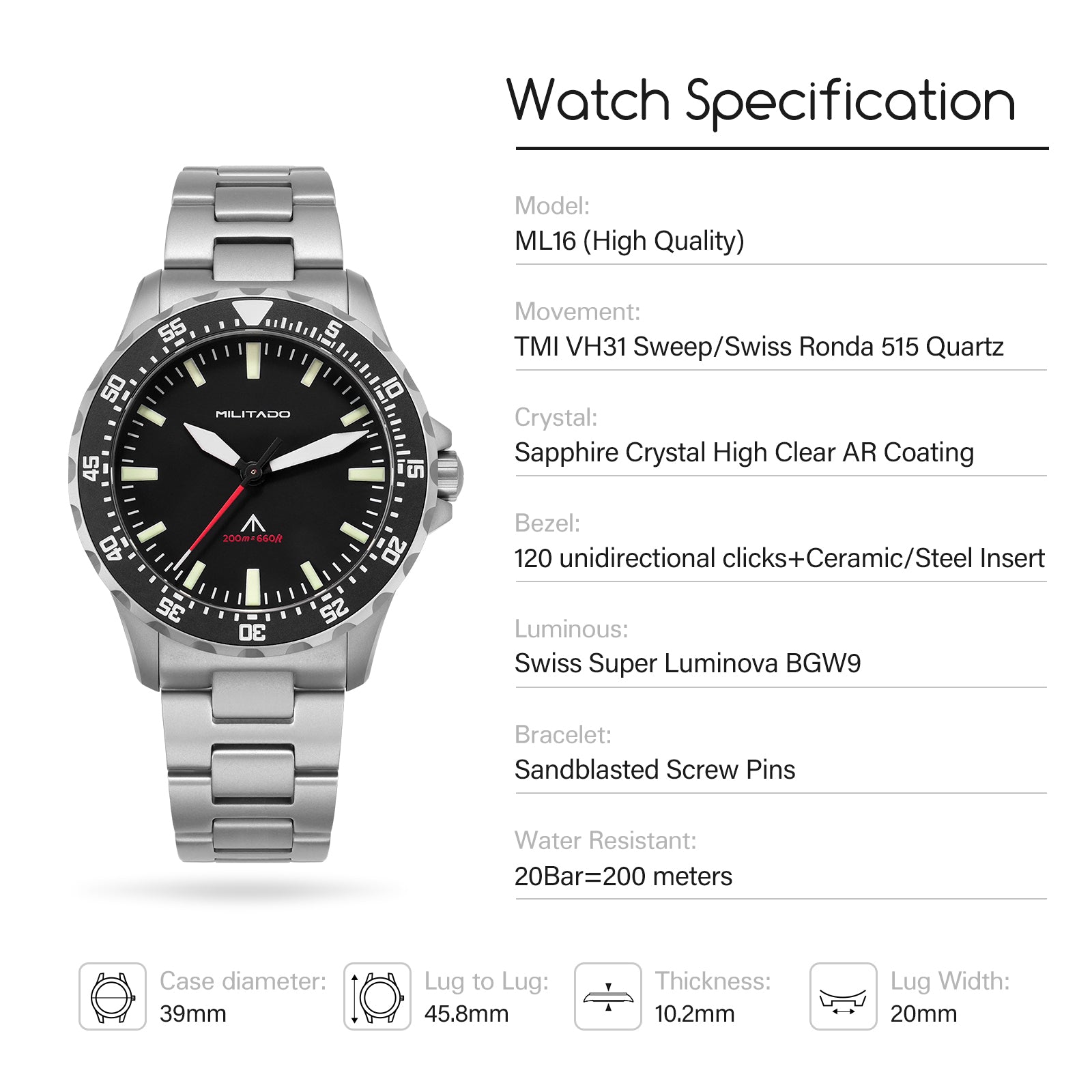 ★11.11 SALE★Pre-Order Militado 39mm Dive Watch Sapphire Crystal Military Watch ML16