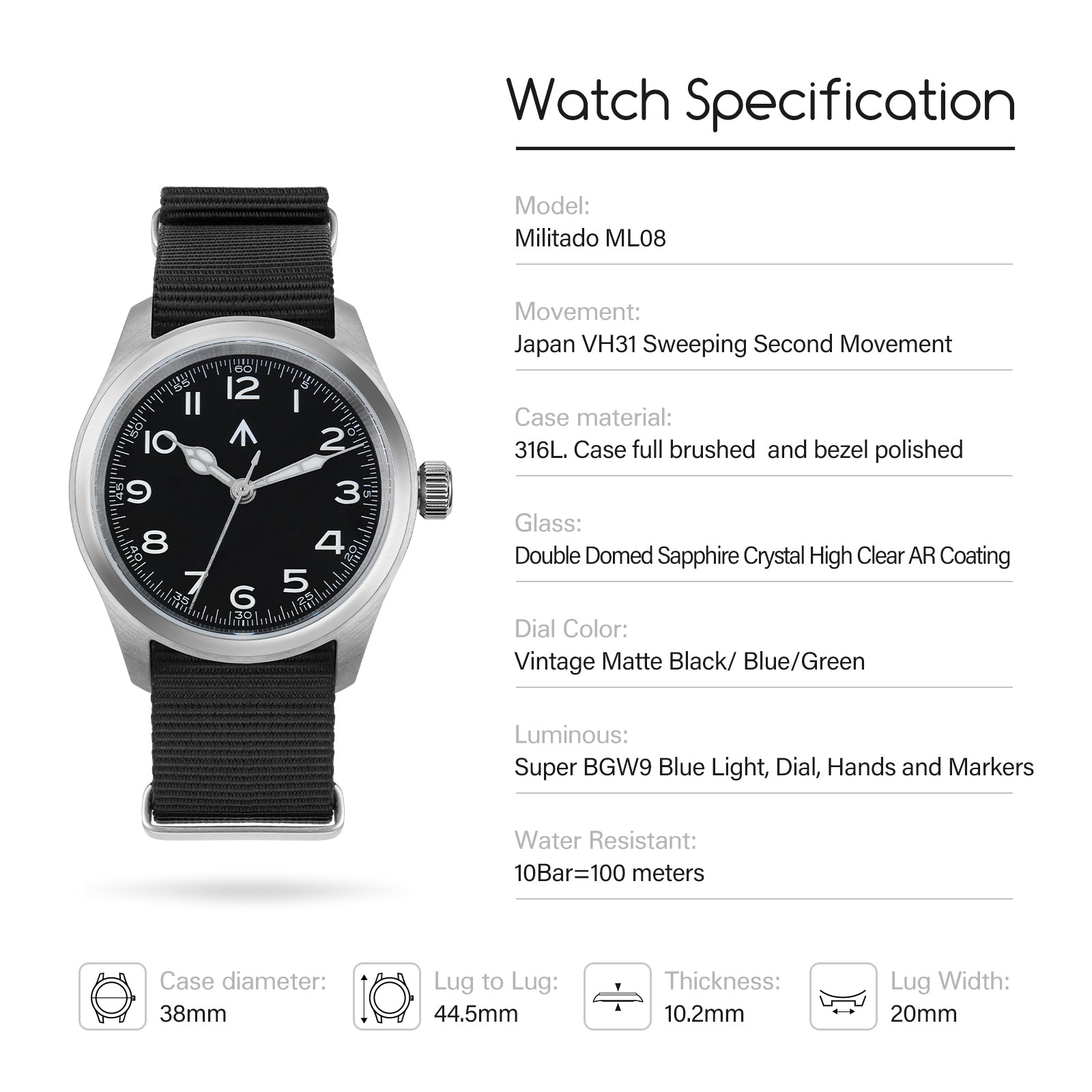 💥Spring Sale💥Militado 38mm Retro VH31 Military Watch ML08