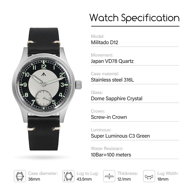 Reloj de campo de cuarzo Militado 36 mm D12 - Manecillas tipo catedral