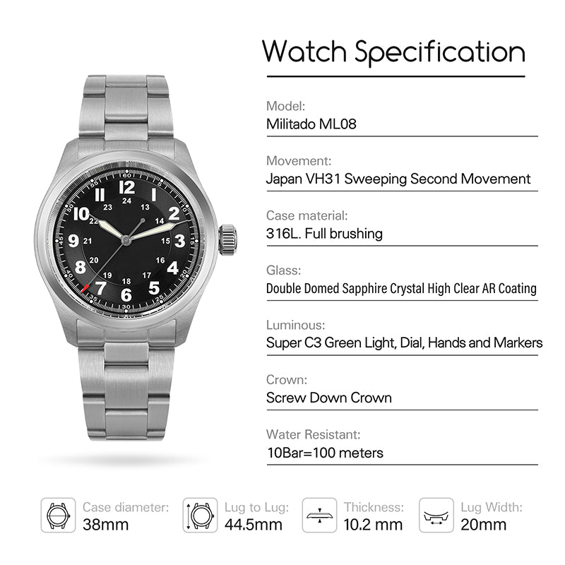 Militado 36 mm Reloj de campo de cuarzo D12 - Agujas tipo lápiz