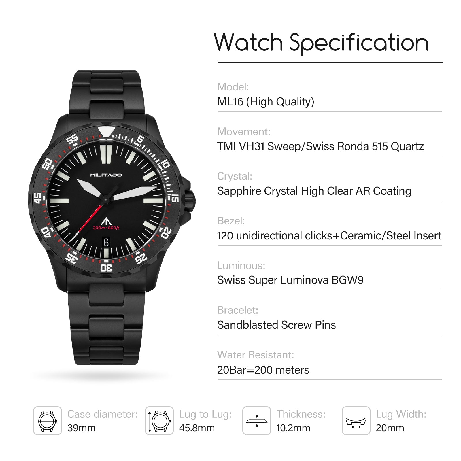 💥Spring Sale💥Militado 39mm Dive Watch Sapphire Crystal Military Watch ML16