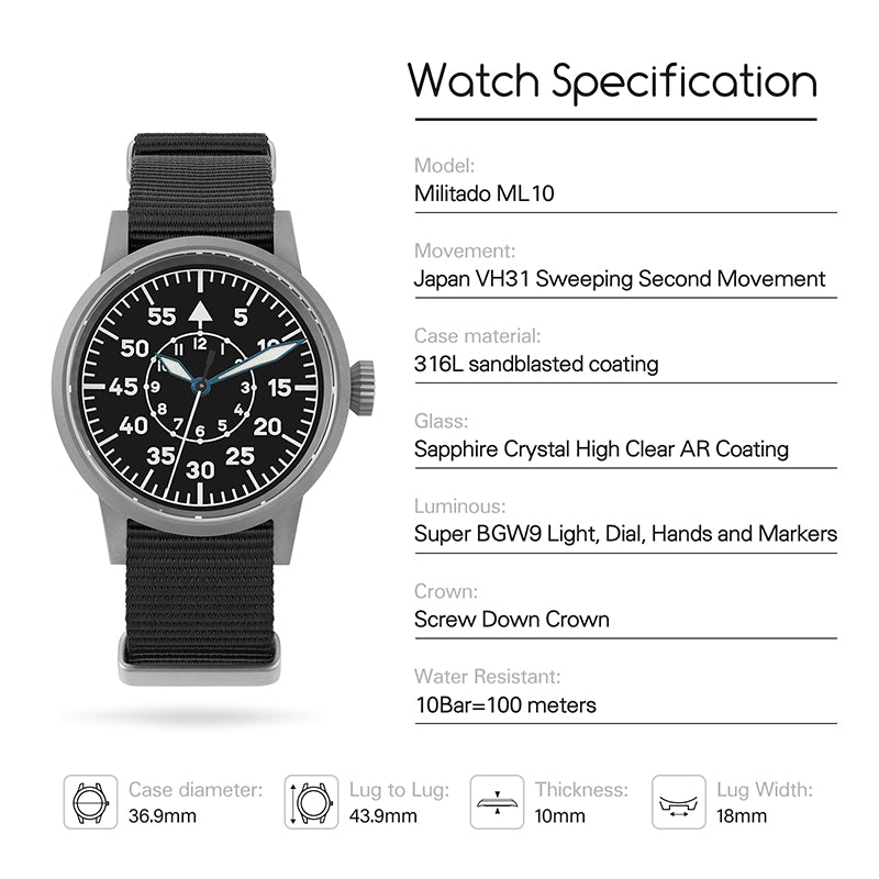 ★Pre-Order★ Militado 37mm Sapphire Crystal Retro Flieger Pilot Watch ML10 V2