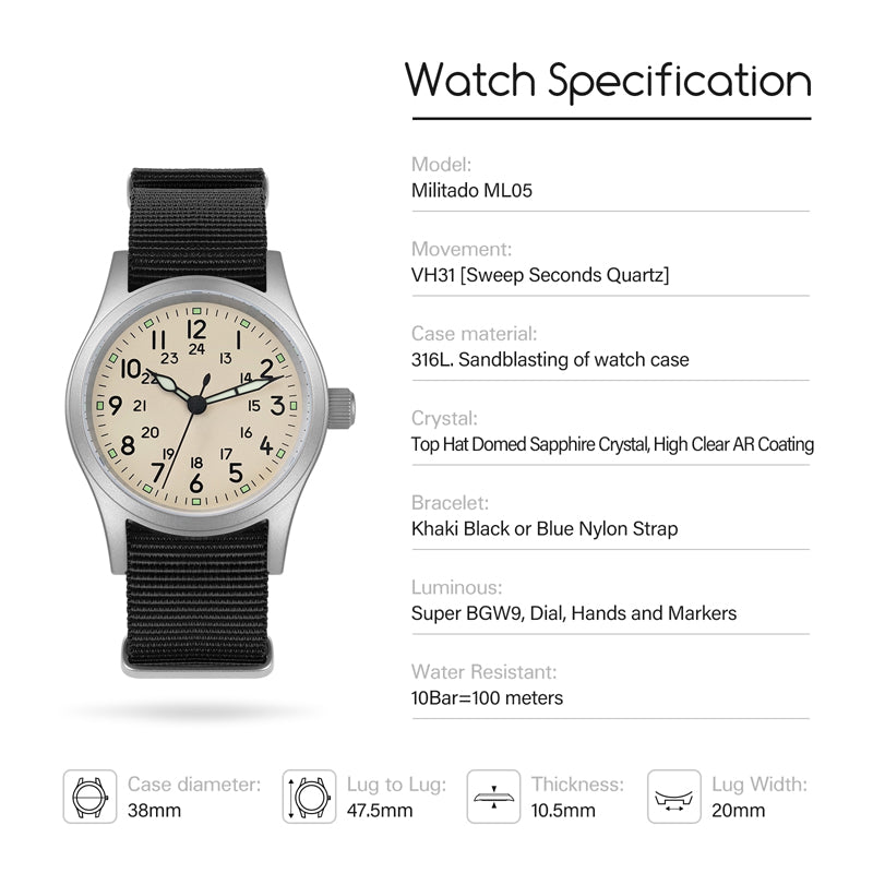 💥Spring Sale💥Militado 38mm Sapphire Crystal Field Military Watch ML05