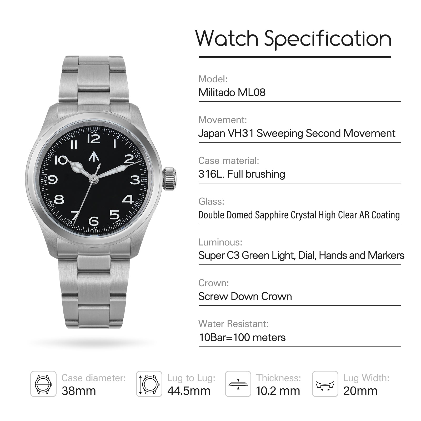 Militado 36 mm Reloj de campo de cuarzo D12 - Agujas tipo lápiz