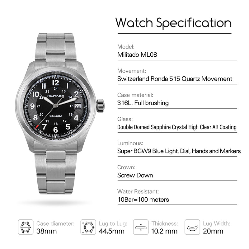 Militado 36 mm Reloj de campo de cuarzo D12 - Agujas tipo lápiz