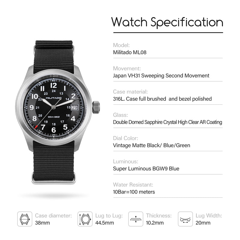 Militado VH31 38mm Sapphire Crystal Field Watch ML08 White Dial