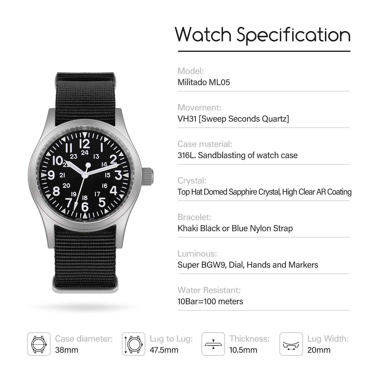 ★SuperOfertas ★Militado 38mm Reloj militar de campo con cristal de zafiro ML05