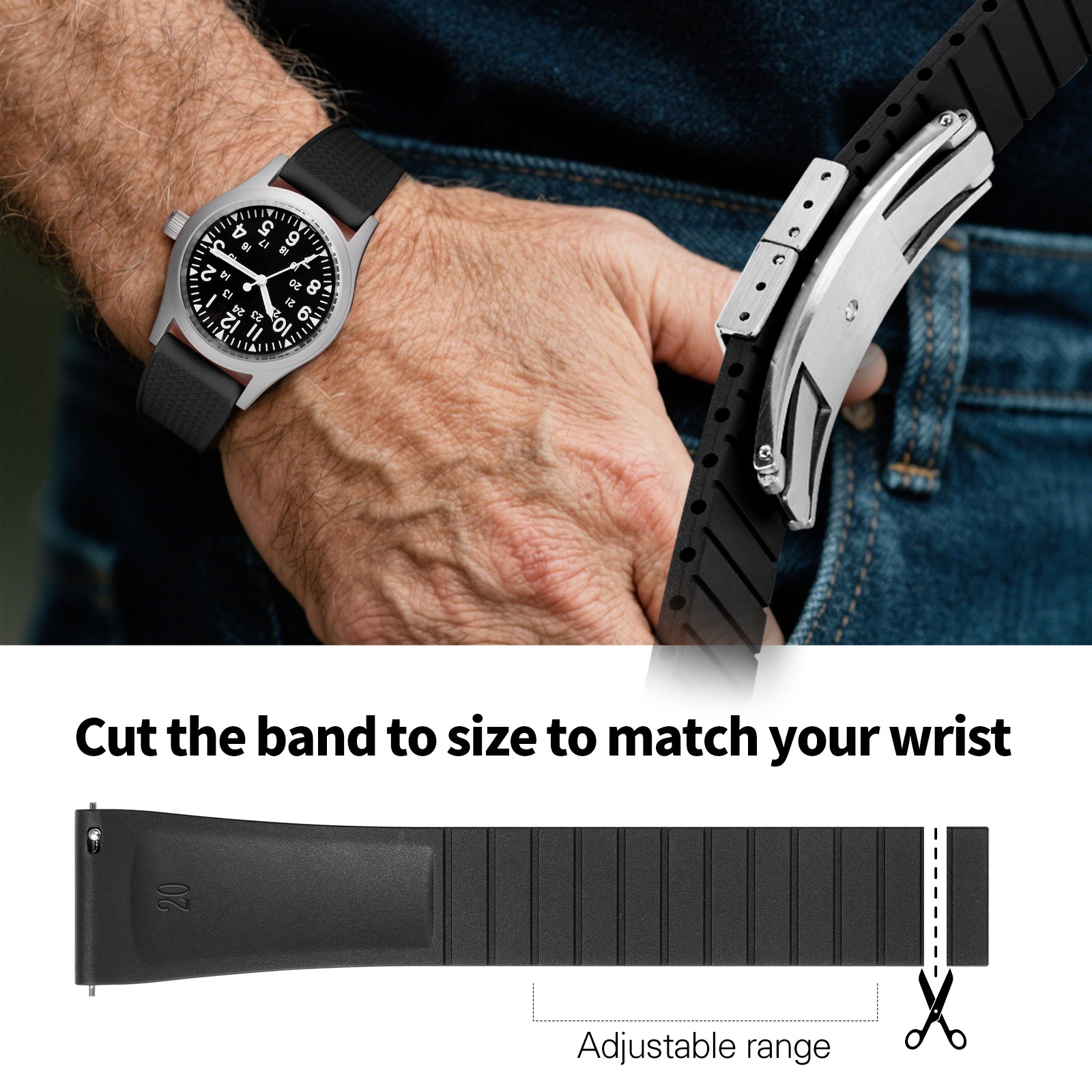 Premium-Grade FKM Rubber Watchband Cut-To-Size Rubber Strap 20mm 22mm