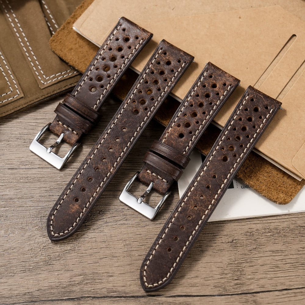 Vintage Premium Leather Perforated Watch Strap Cowhide Watch Band 20mm