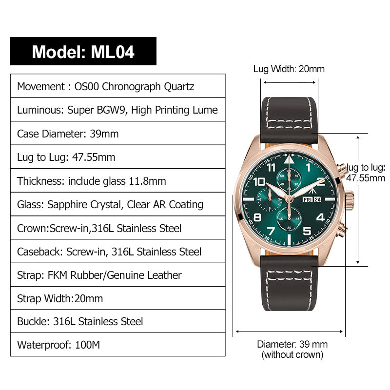 Militado 39mm Vintage Chronograph Quartz Watch ML04