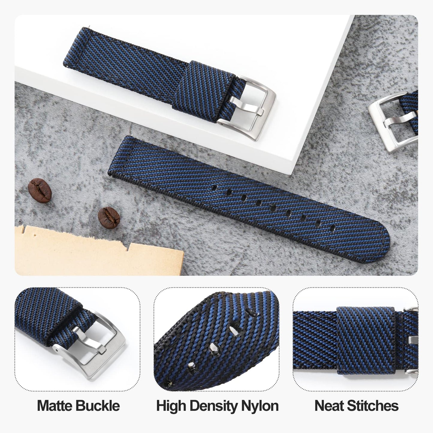 Leather Nylon Canvas Strap Watchband 20mm 22mm