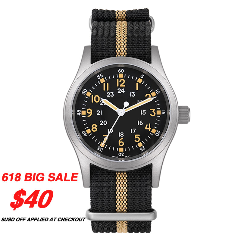 ★618 Big Sale★ Militado VH31 Vintage Field Watch ML05 24hours Black Dial
