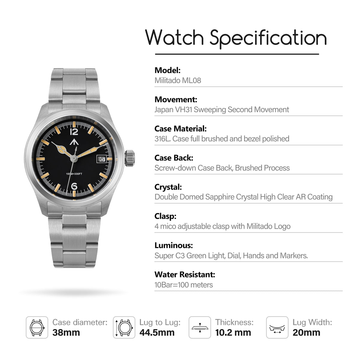 💥New Released💥Militado 38mm Field Watch Ronda 515 Movt Watch ML08
