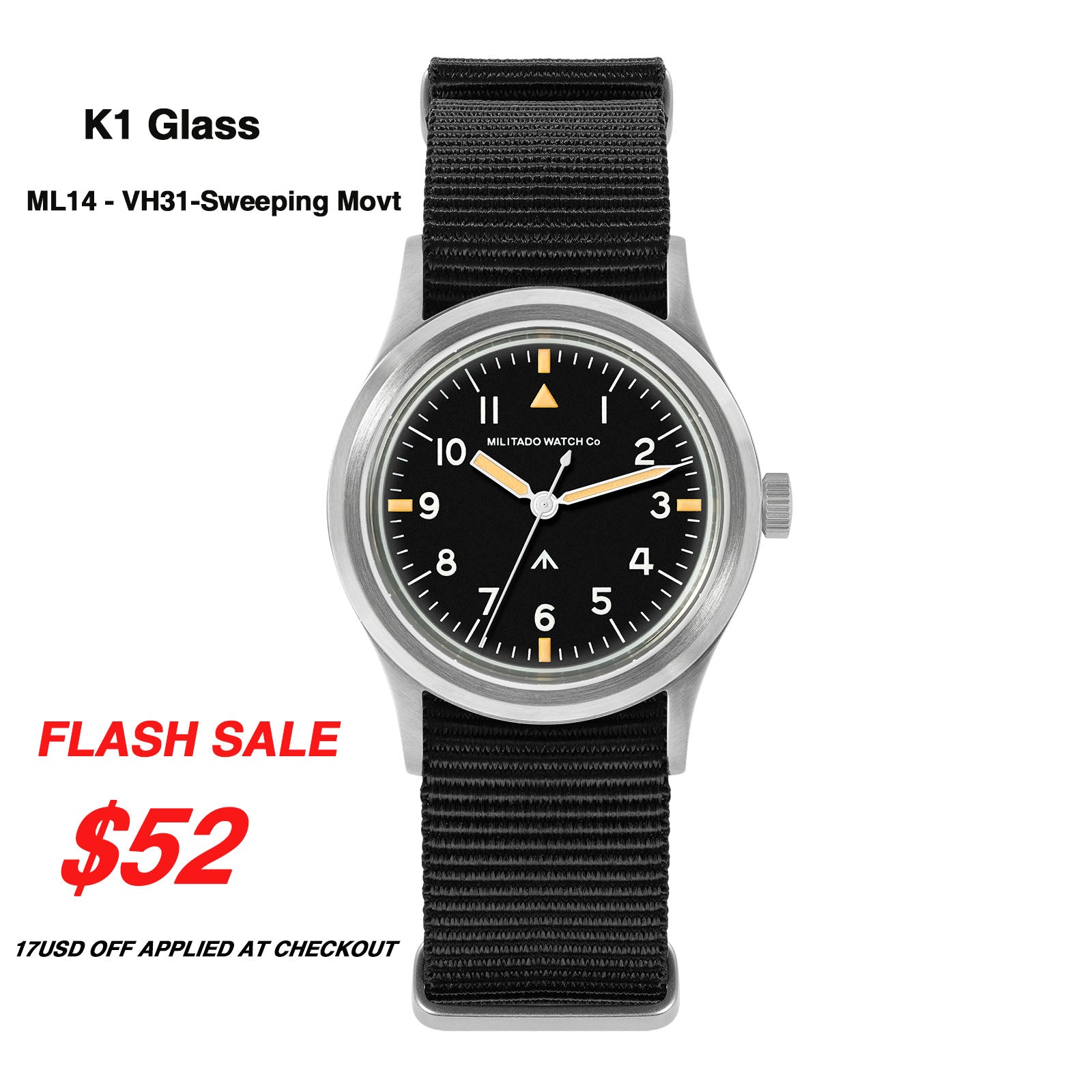 💥Spring Sale💥Militado 36mm Retro Military Watch VH31/VH65 Sweeping Hand ML14 V2