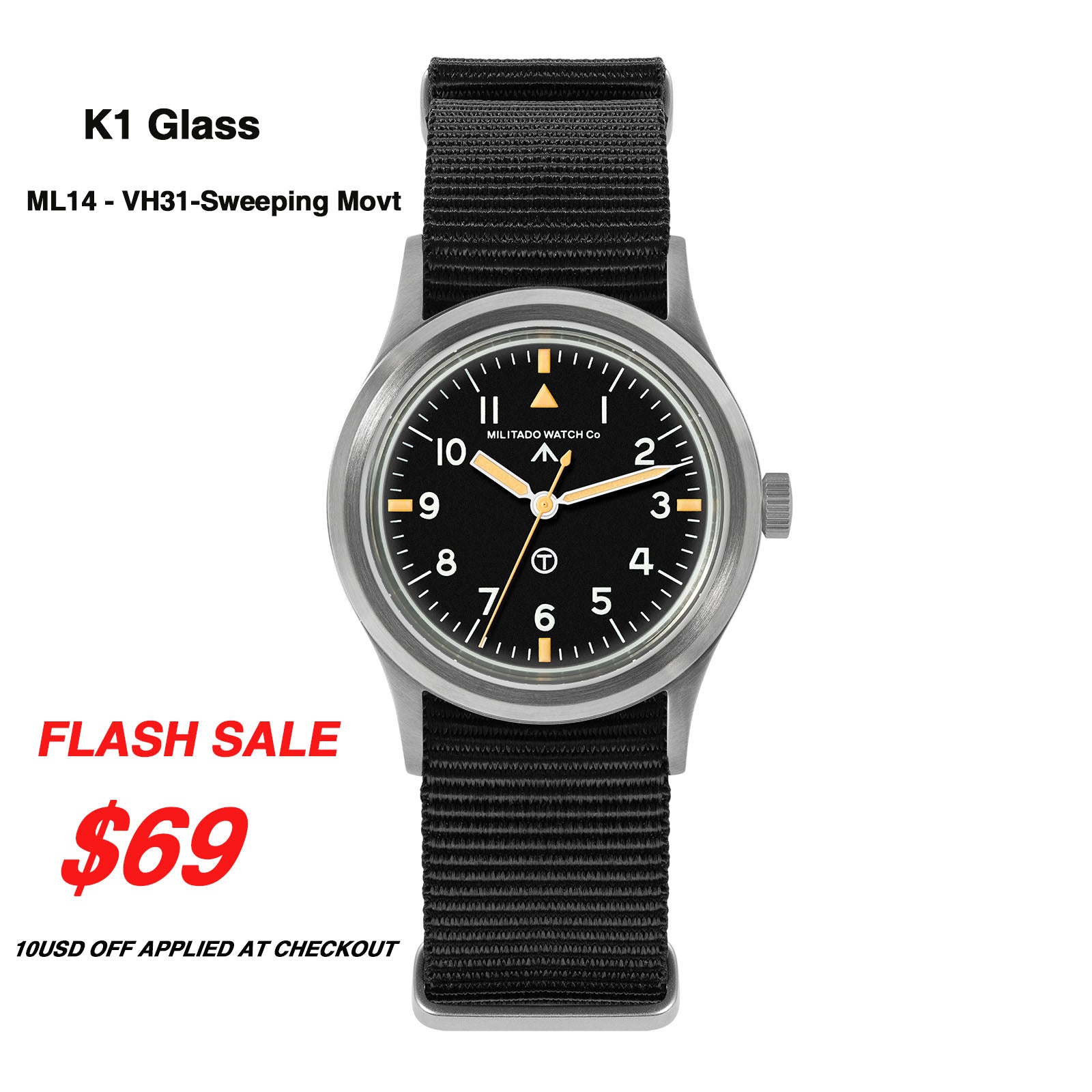 ★11.11 Sale★Militado 36mm Retro Military Watch VH31/VH65 Sweeping Hand ML14 V2