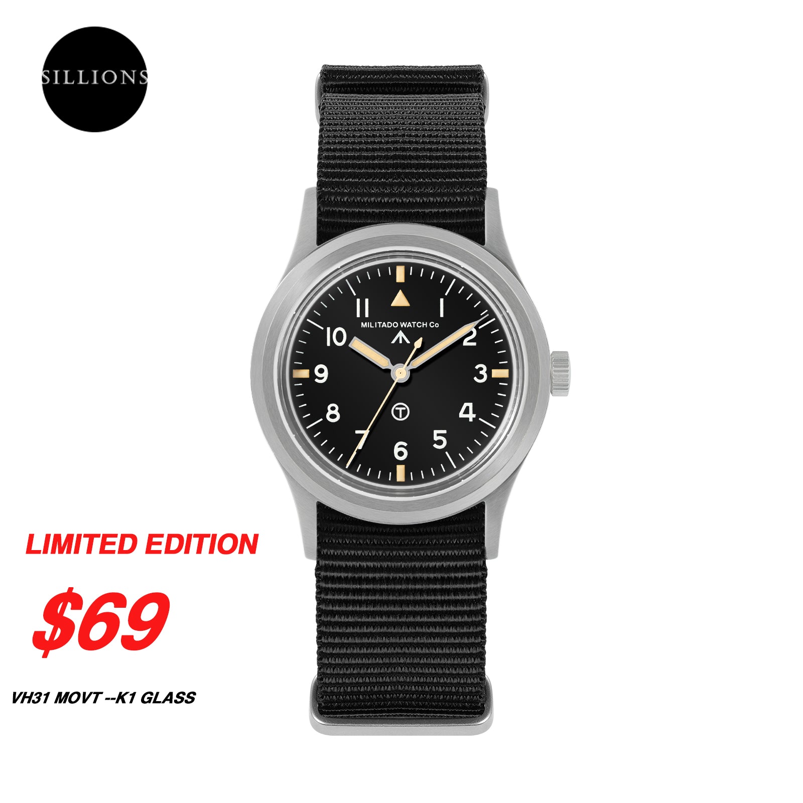 💥Spring Sale💥Militado 36mm Retro Military Watch VH31/VH65 Sweeping Hand ML14 V2