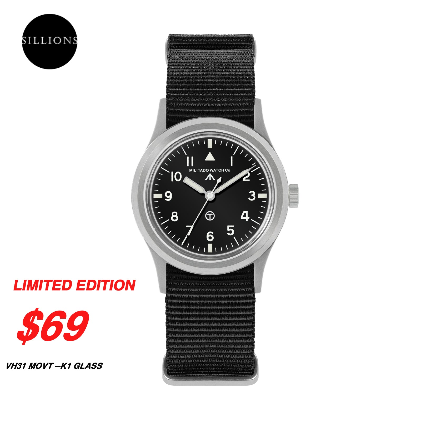 💥Spring Sale💥Militado 36mm Retro Military Watch VH31/VH65 Sweeping Hand ML14 V2