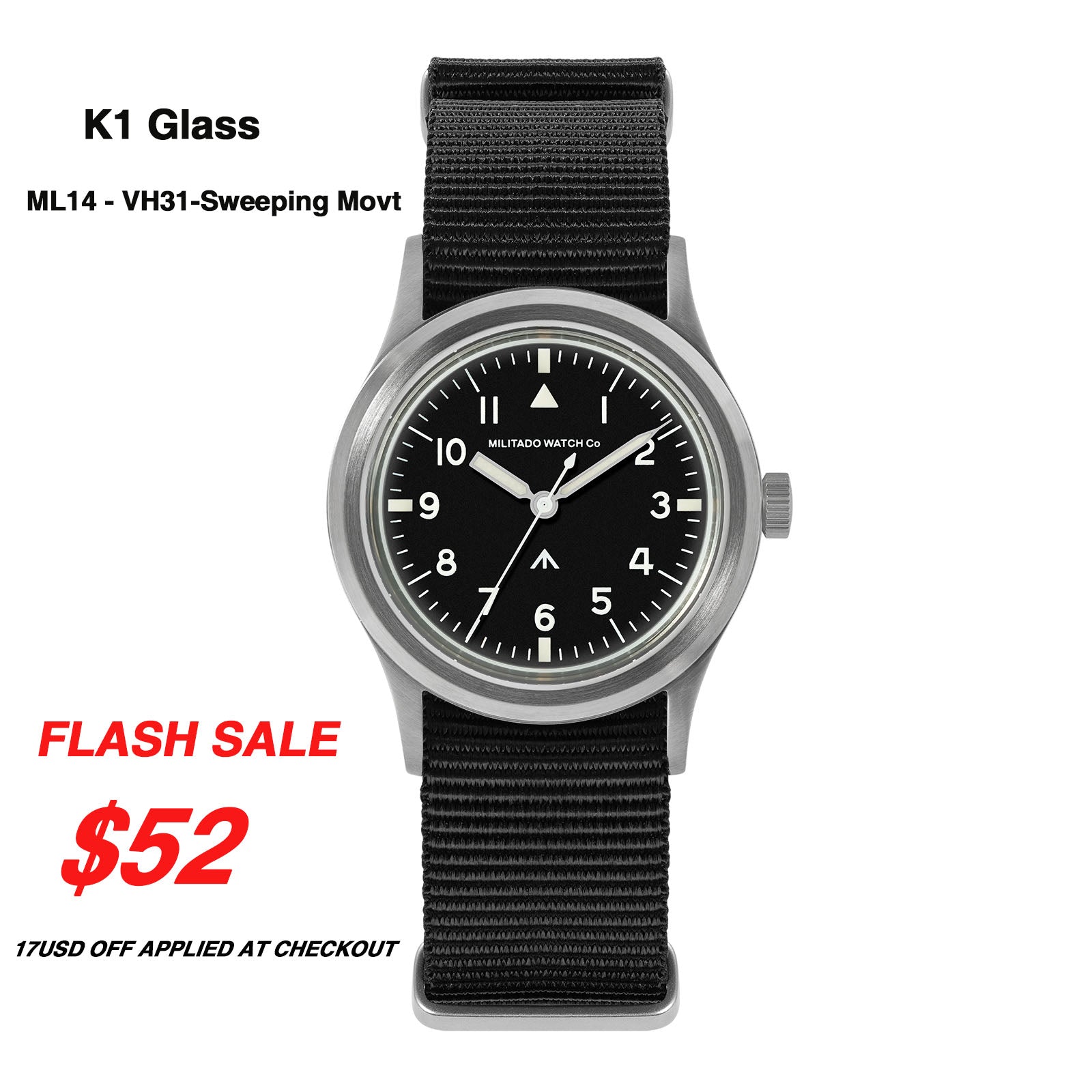 ★11.11 Sale★Militado 36mm Retro Military Watch VH31/VH65 Sweeping Hand ML14 V2