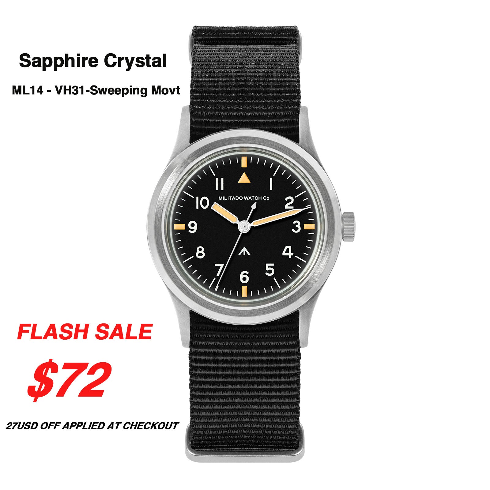 ★11.11 Sale★Militado 36mm Retro Military Watch VH31/VH65 Sweeping Hand ML14 V2