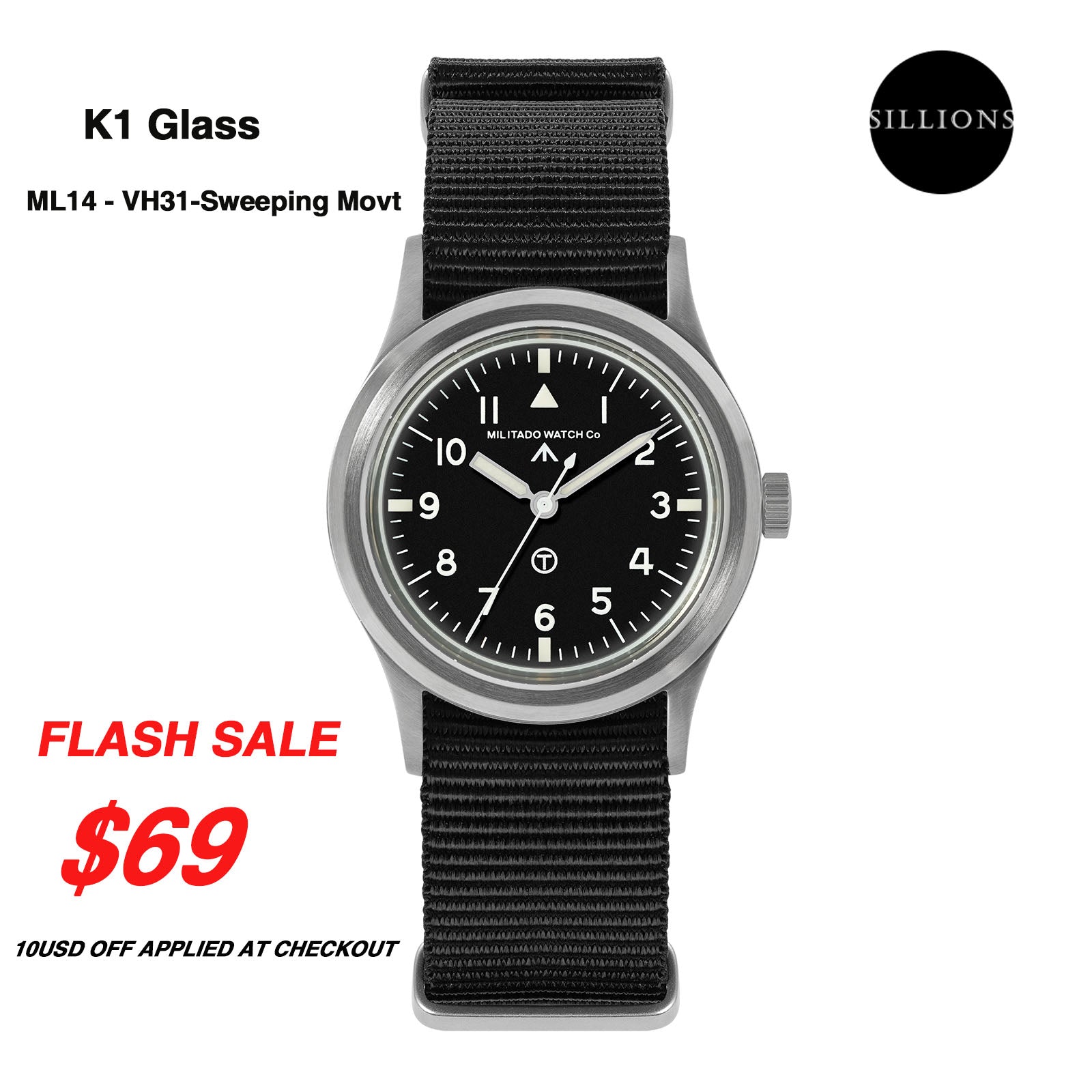 💥Spring Sale💥Militado 36mm Retro Military Watch VH31/VH65 Sweeping Hand ML14 V2