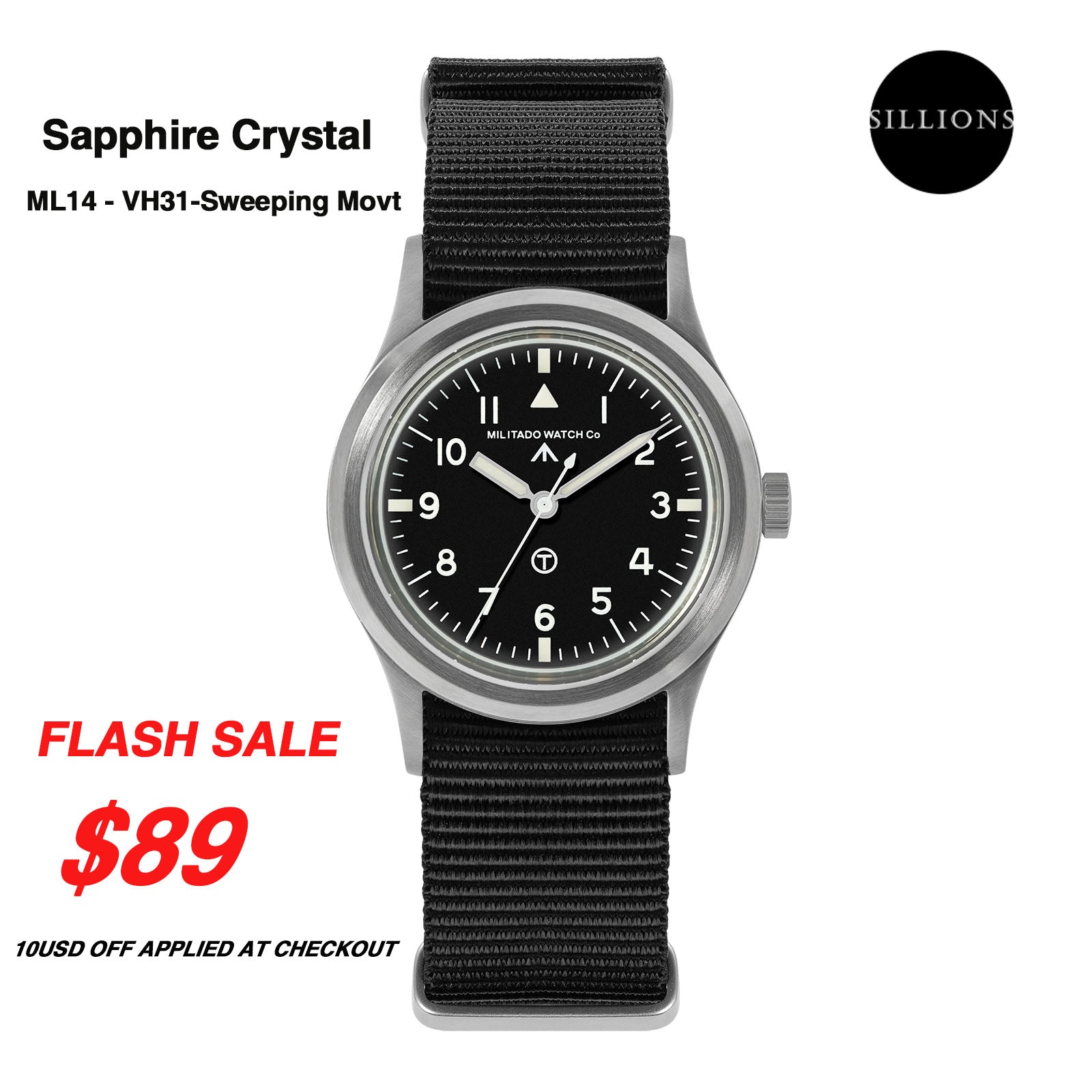 ★11.11 Sale★Militado 36mm Retro Military Watch VH31/VH65 Sweeping Hand ML14 V2